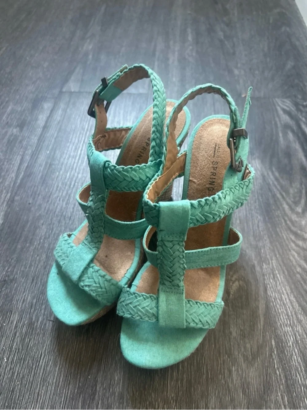 Call It Spring Braided Strappy Wedge Sandals in Teal